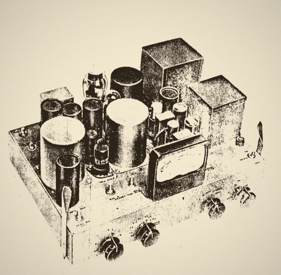 Period photograph of the RCA BA-6A chassis, tubes and transformers visible